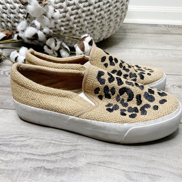 ASOS Embroidered Leopard Burlap Slip On Platform Sneakers Tan Black Size 9 - Picture 3 of 8